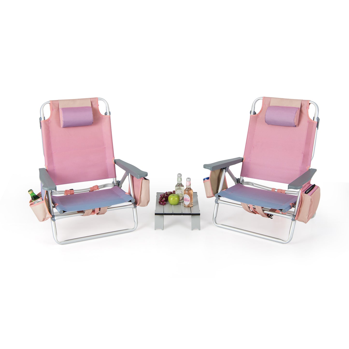 Folding Beach Chair Set with Table - 2 Pack Reclining Chairs