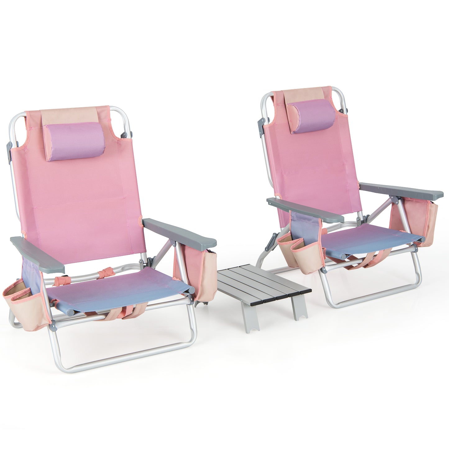 Folding Beach Chair Set with Table - 2 Pack Reclining Chairs