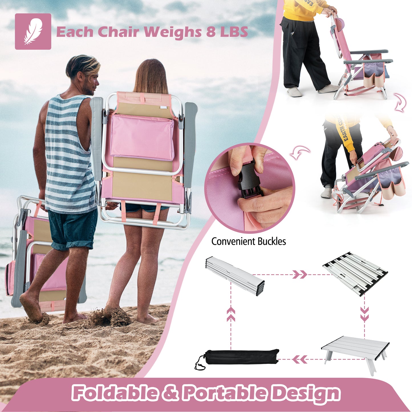 Folding Beach Chair Set with Table - 2 Pack Reclining Chairs