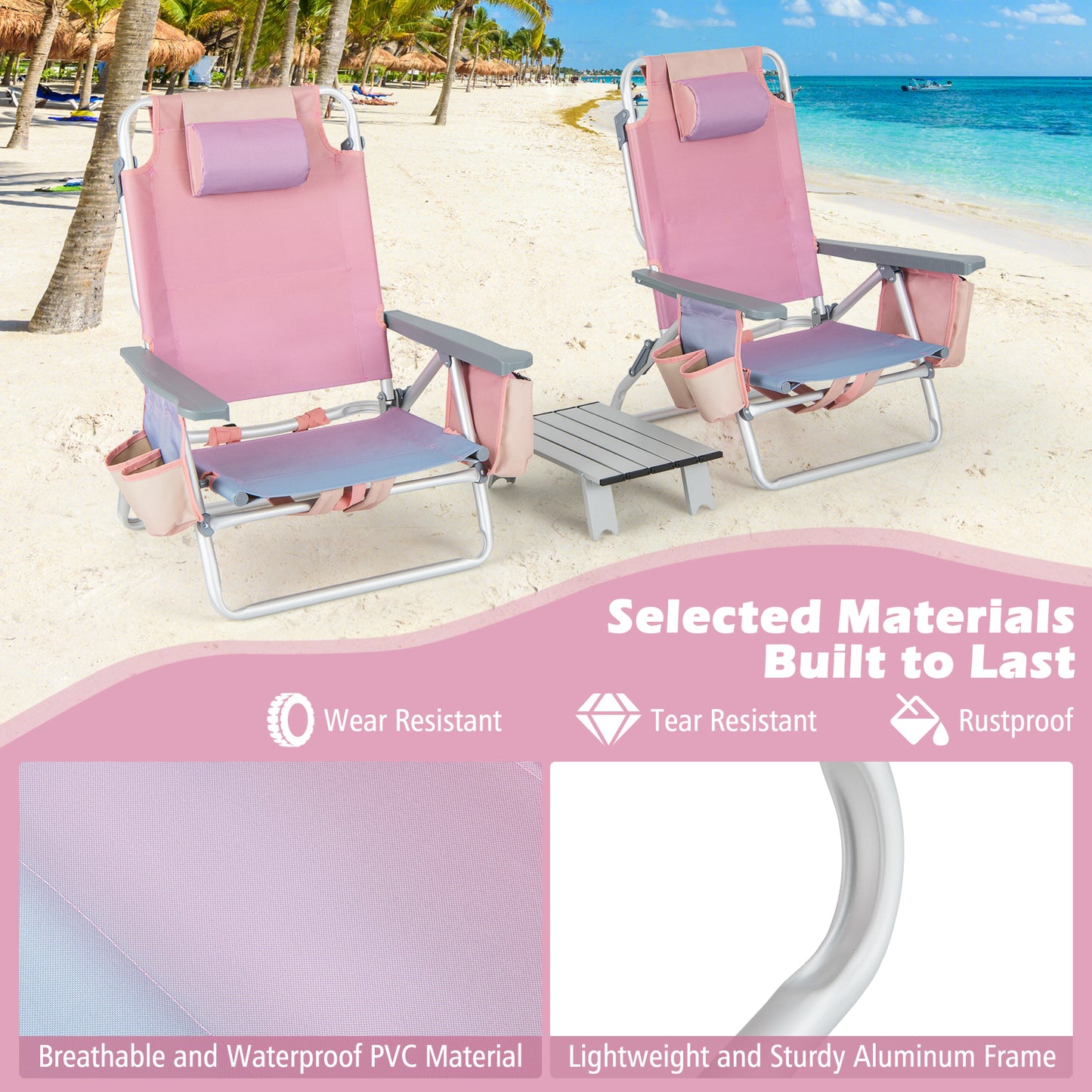 Folding Beach Chair Set with Table - 2 Pack Reclining Chairs