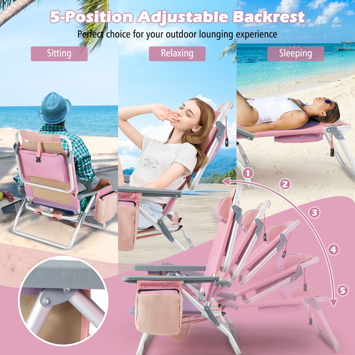 Folding Beach Chair Set with Table - 2 Pack Reclining Chairs