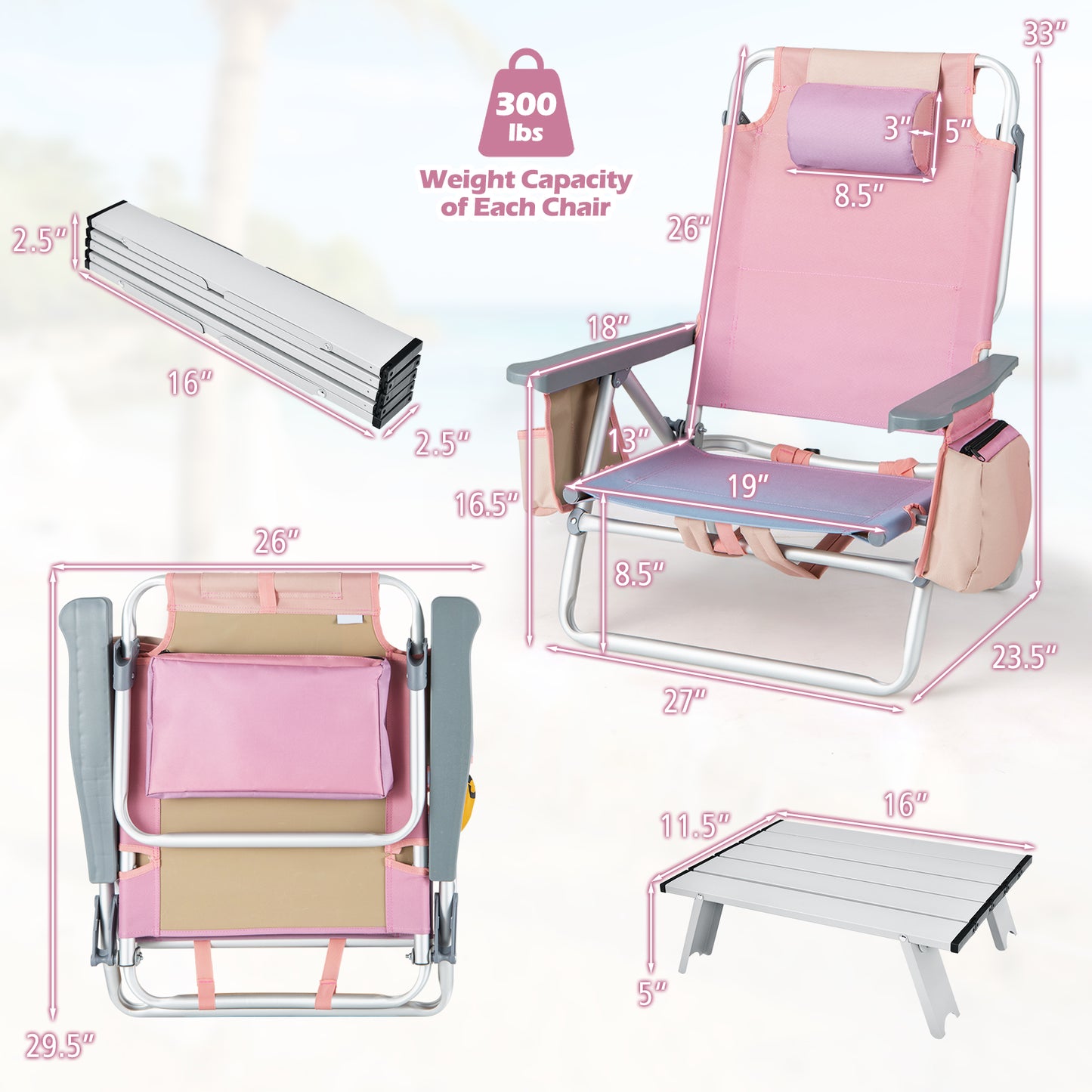 Folding Beach Chair Set with Table - 2 Pack Reclining Chairs