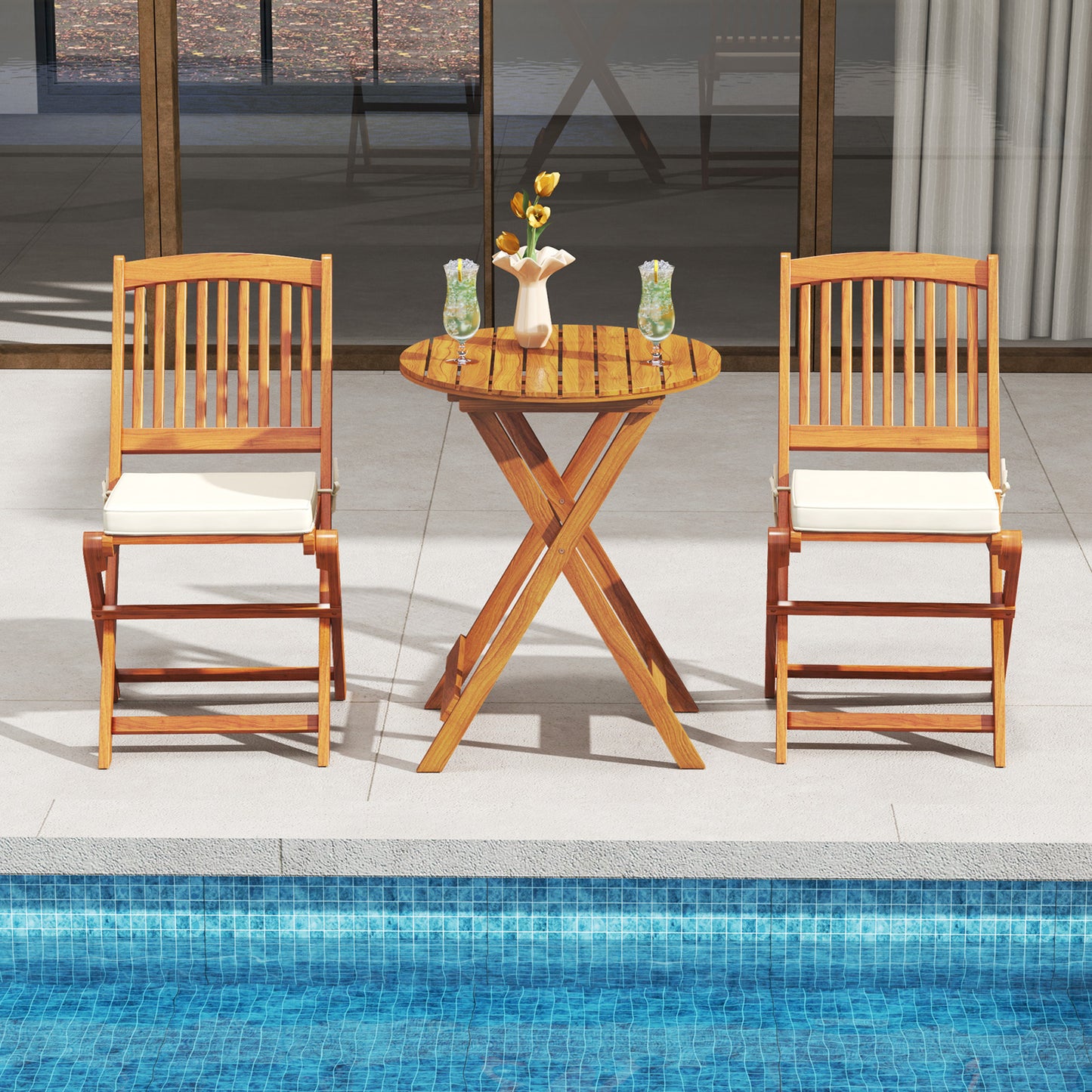 Folding Acacia Wood Patio Dining Chairs with Cushions, Set of 2