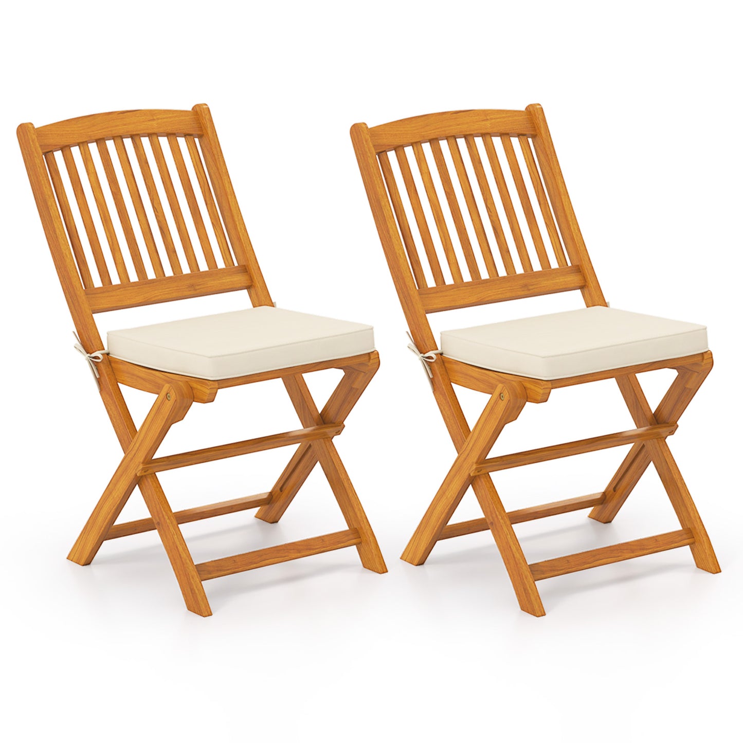 Folding Acacia Wood Patio Dining Chairs with Cushions, Set of 2