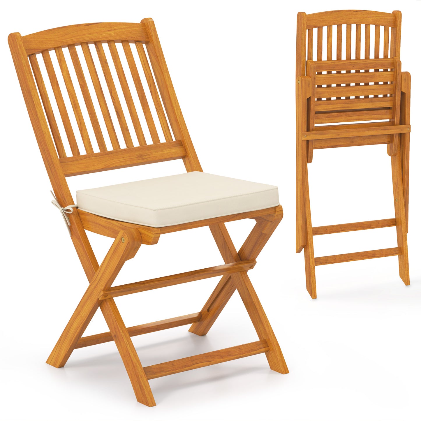 Folding Acacia Wood Patio Dining Chairs with Cushions, Set of 2