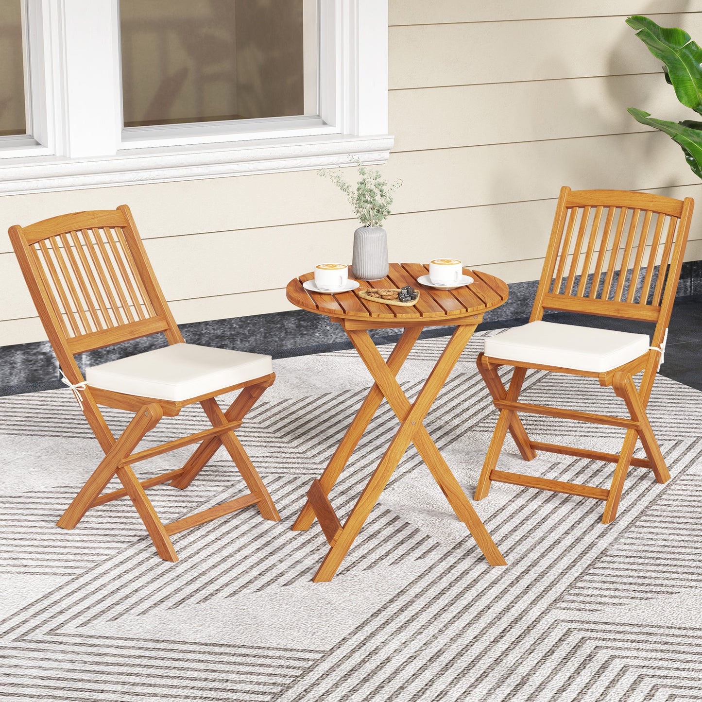Folding Acacia Wood Patio Dining Chairs with Cushions, Set of 2