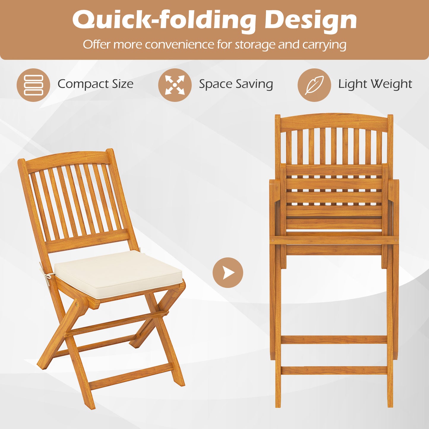 Folding Acacia Wood Patio Dining Chairs with Cushions, Set of 2