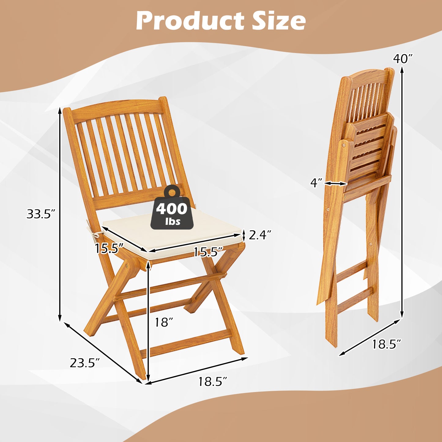Folding Acacia Wood Patio Dining Chairs with Cushions, Set of 2