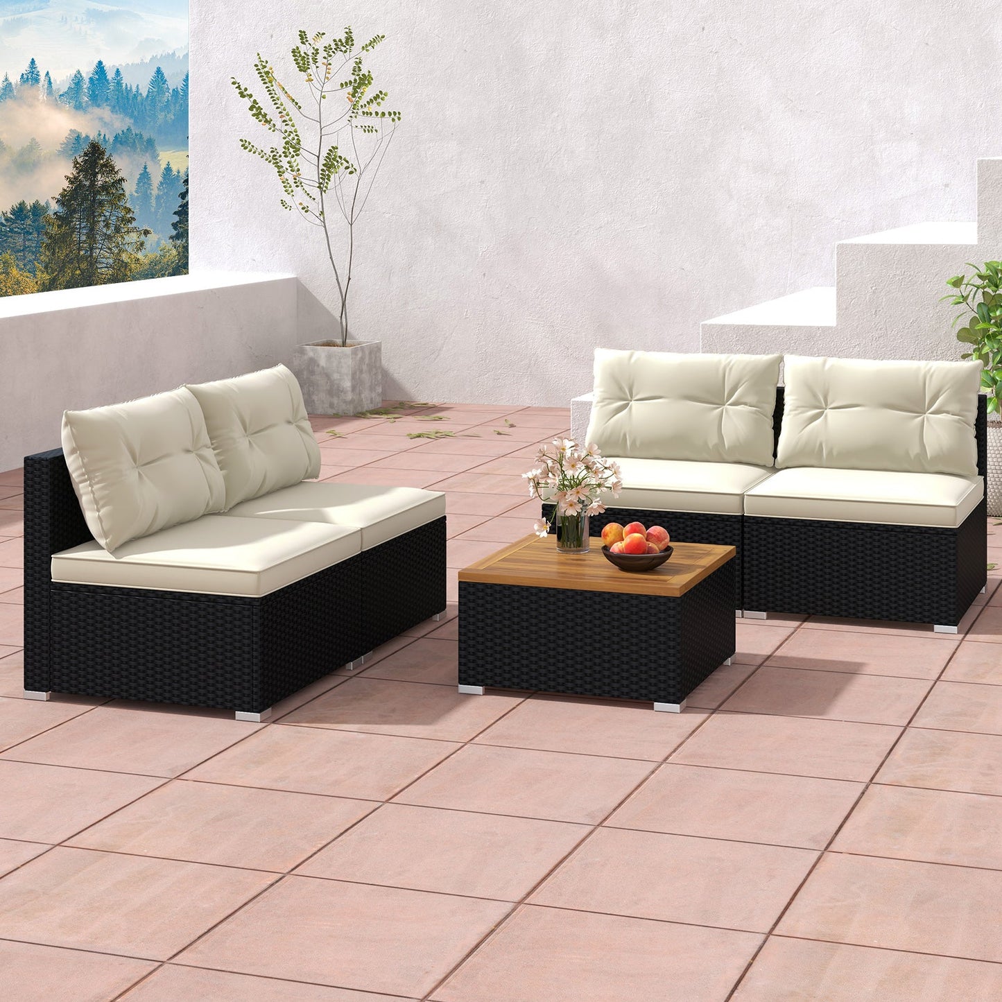 5 Piece Outdoor Furniture Set with Solid Tabletop and Soft Cushions