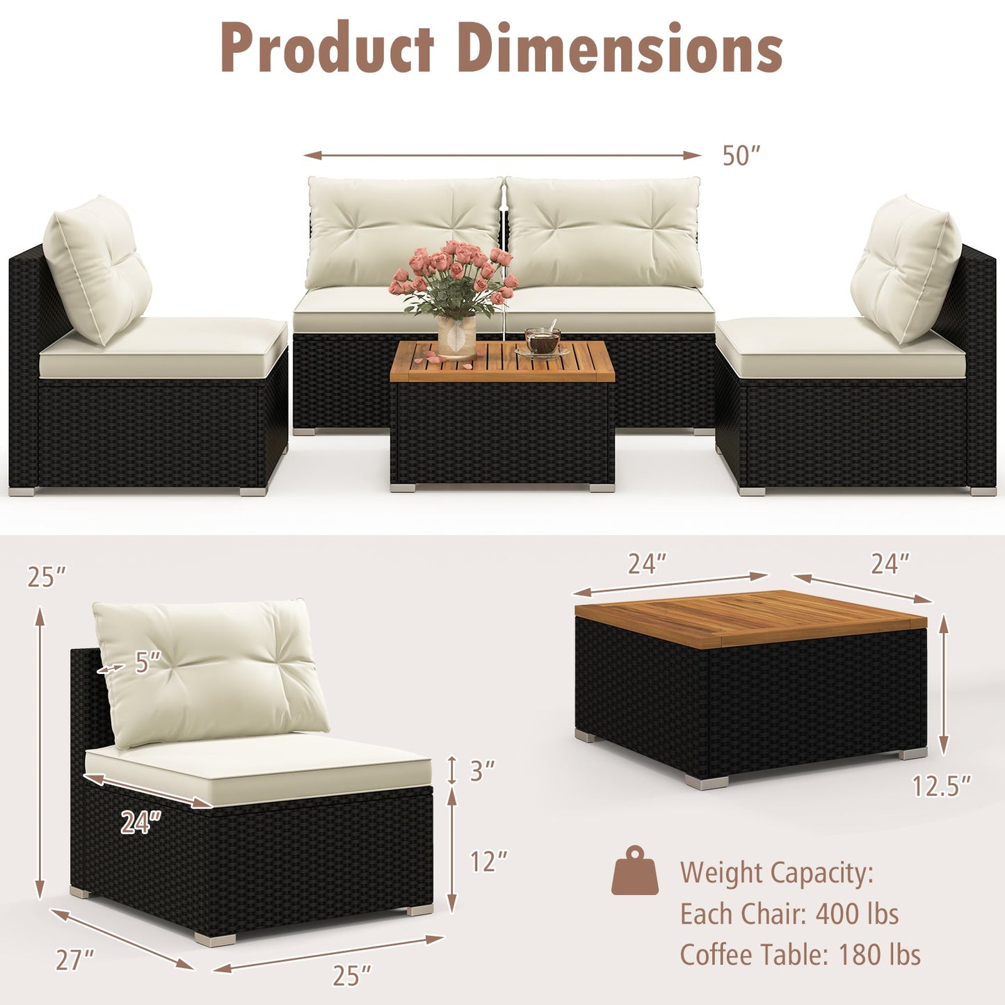 5 Piece Outdoor Furniture Set with Solid Tabletop and Soft Cushions