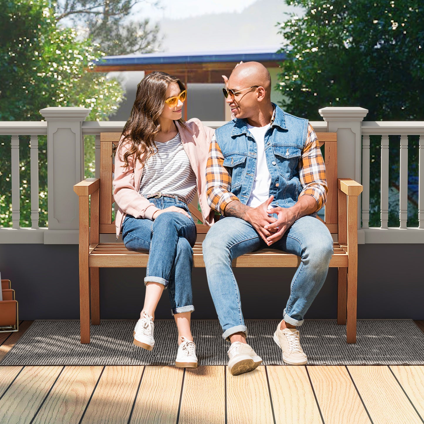 2-Person Teak Wood Garden Bench with Armrests and Backrest