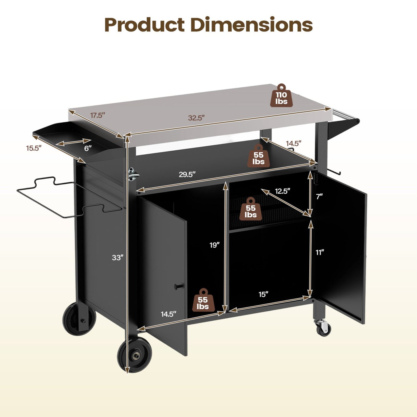 Outdoor Grill Cart with Stainless Steel Top & Storage Cabinet