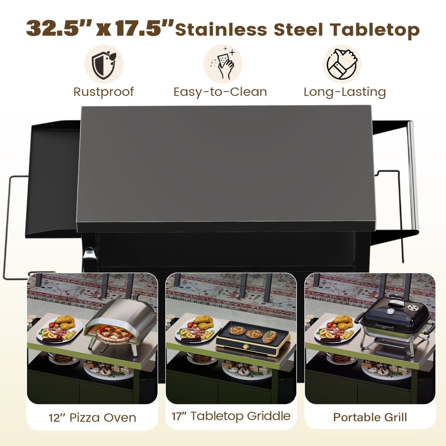 Outdoor Grill Cart with Stainless Steel Top & Storage Cabinet