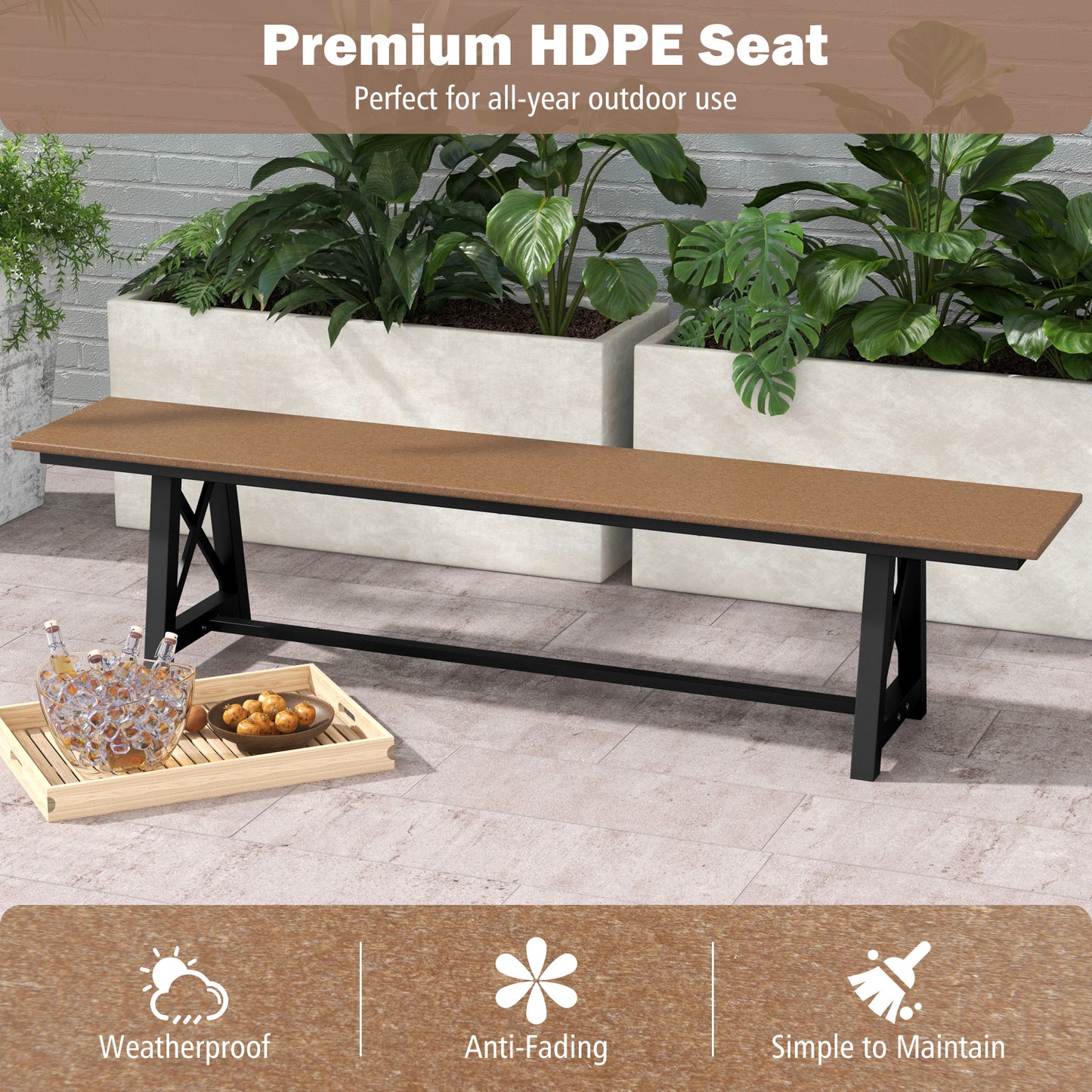 Outdoor HDPE Bench with Metal Frame - 72 Inch, 3-4 Person
