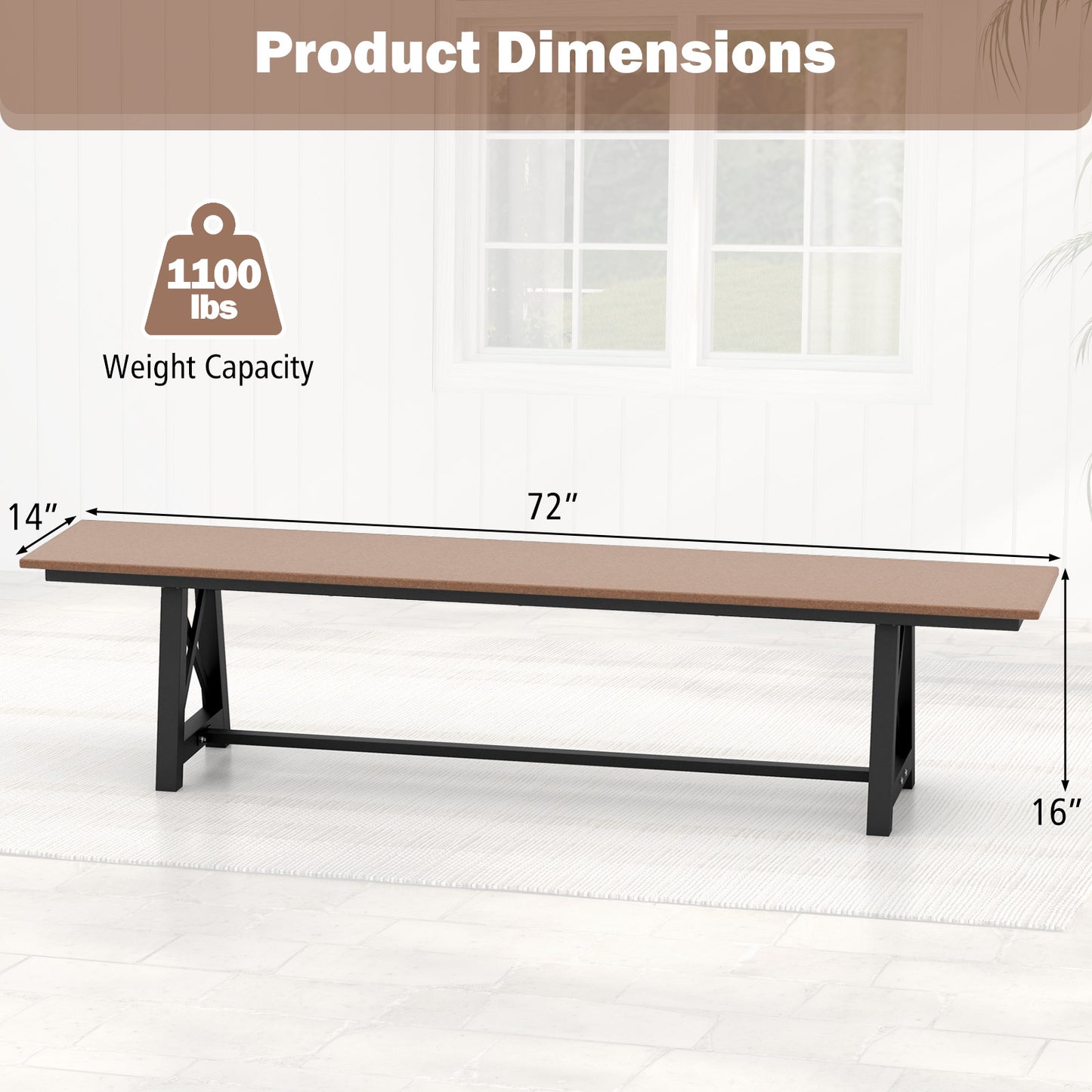Outdoor HDPE Bench with Metal Frame - 72 Inch, 3-4 Person