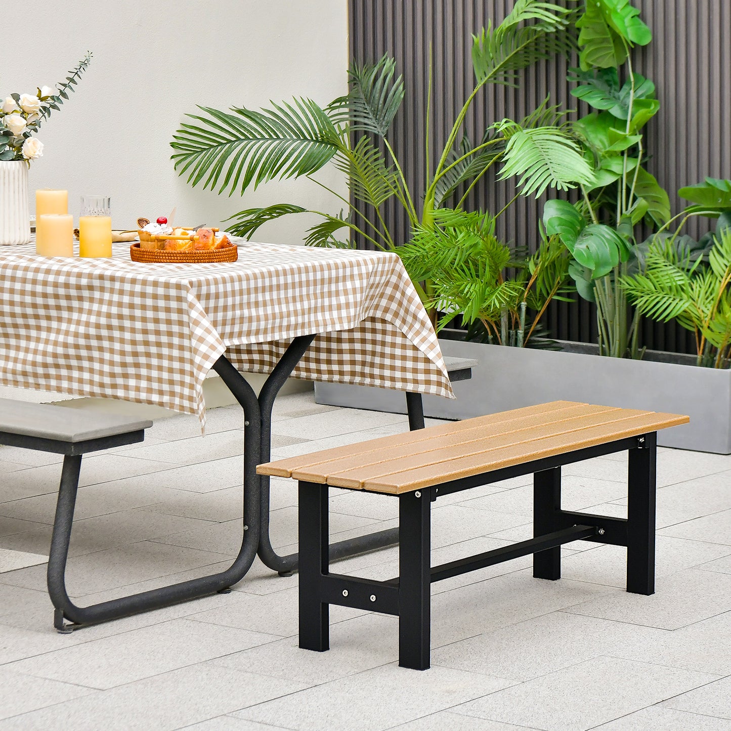 47-Inch Outdoor Bench with Slatted Seat and Metal Frame