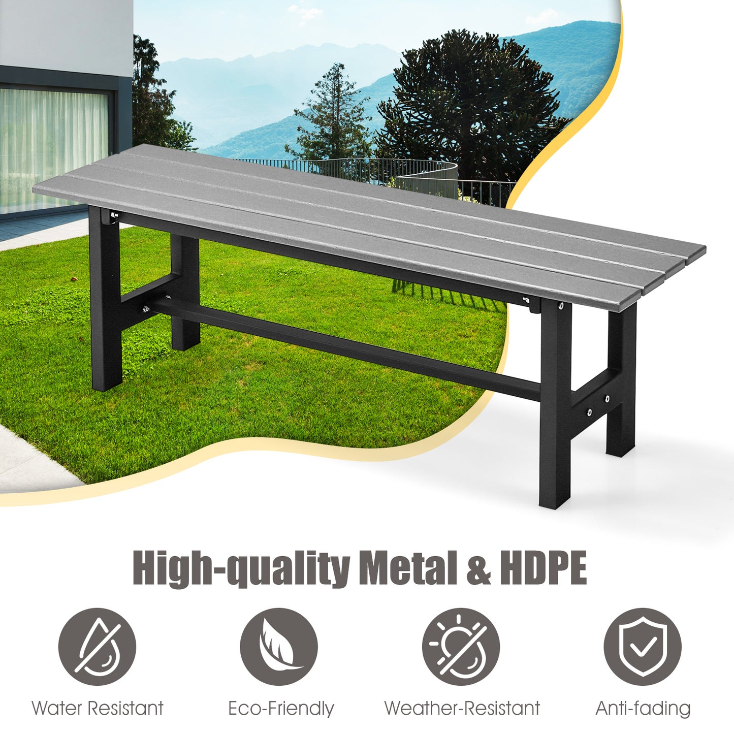 47-Inch Outdoor Bench with Slatted Seat and Metal Frame
