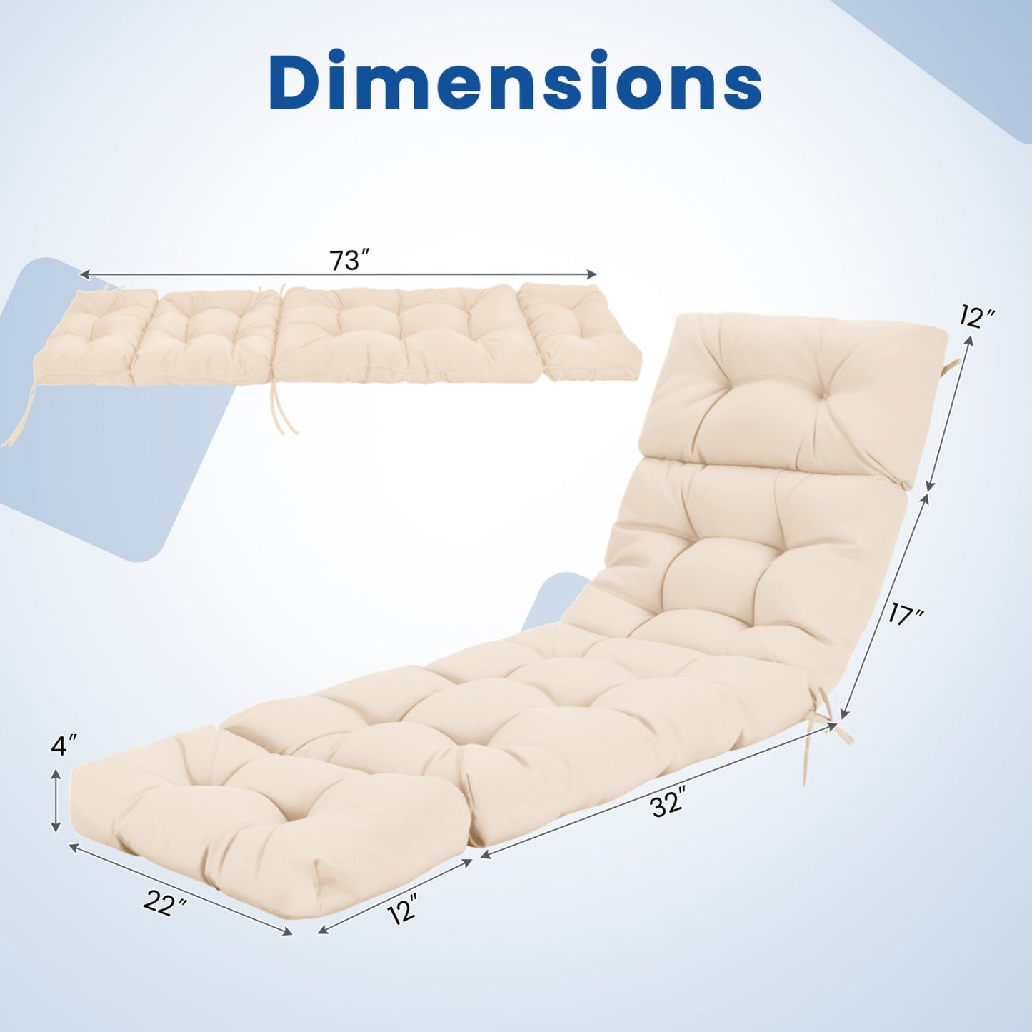 Outdoor Lounge Chaise Cushion 73"x22" with High Back String Ties