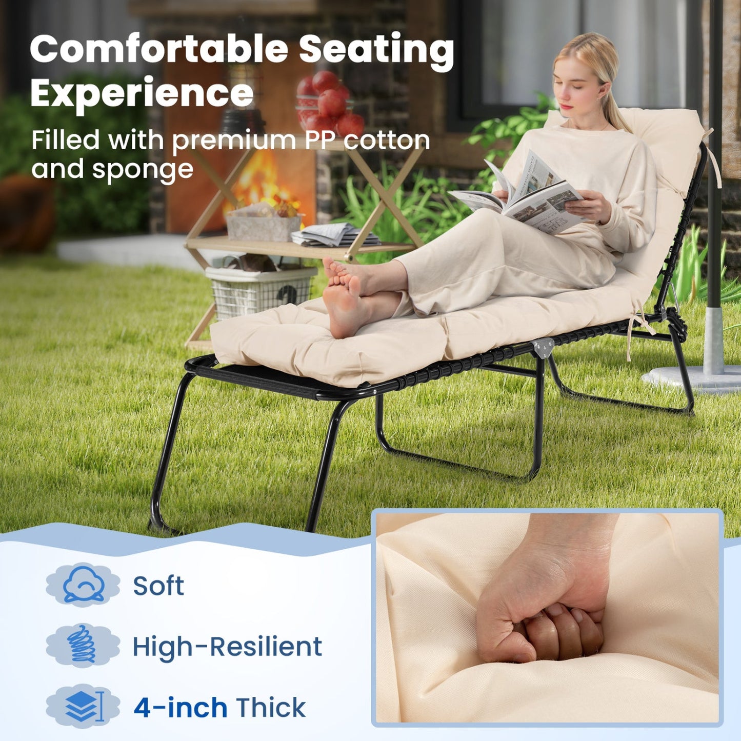 Outdoor Lounge Chaise Cushion 73"x22" with High Back String Ties