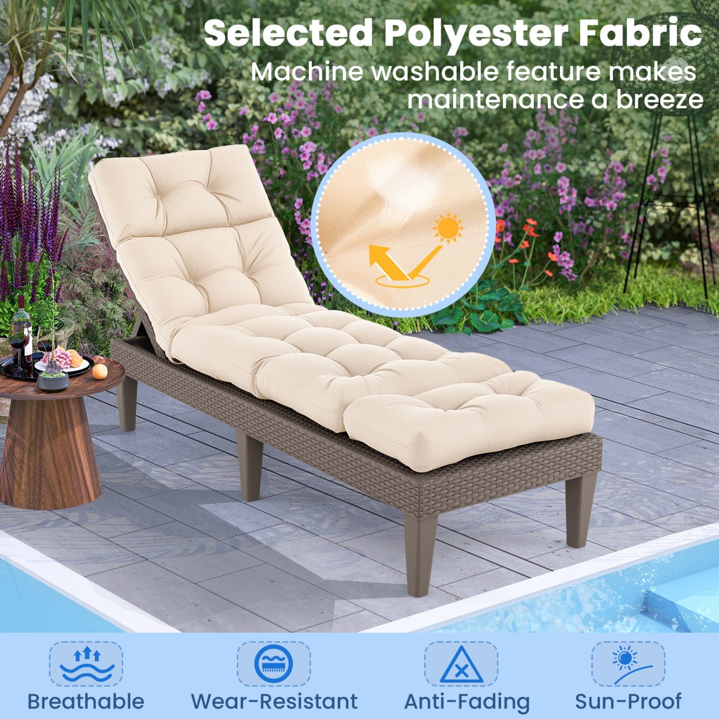 Outdoor Lounge Chaise Cushion 73"x22" with High Back String Ties