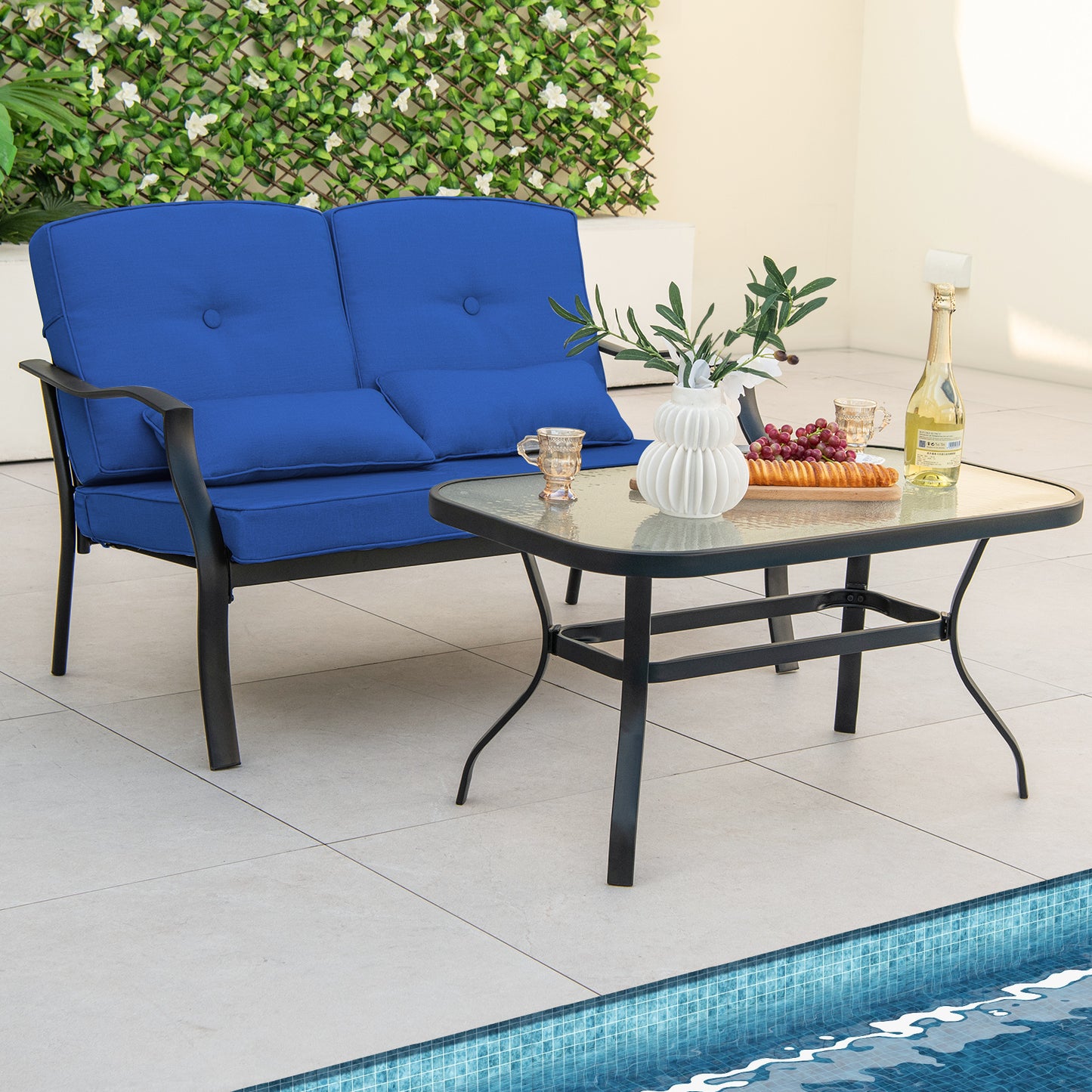 Outdoor Loveseat Set with Tempered Glass Coffee Table