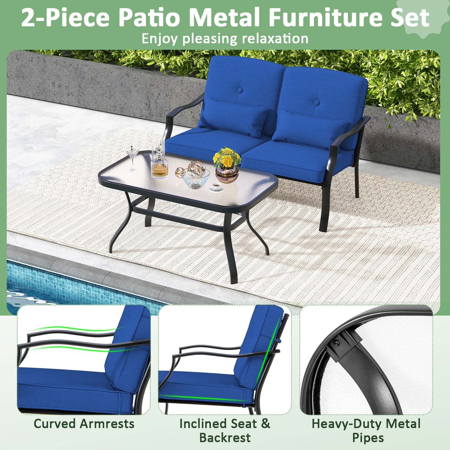 Outdoor Loveseat Set with Tempered Glass Coffee Table