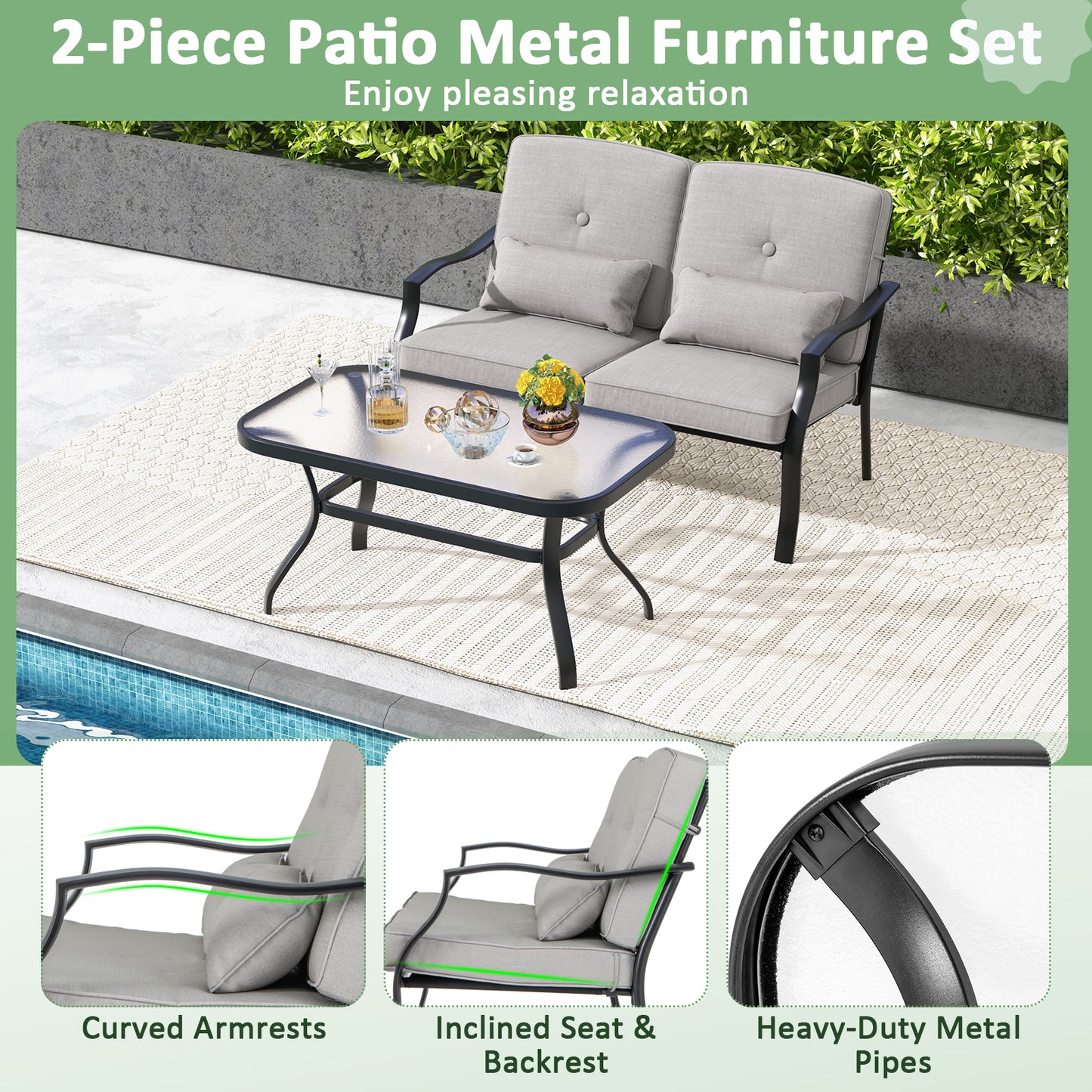 Outdoor Loveseat Set with Tempered Glass Coffee Table