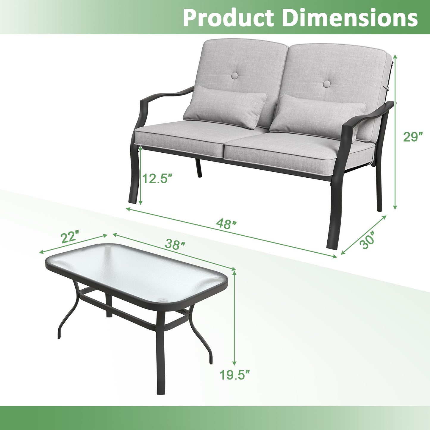 Outdoor Loveseat Set with Tempered Glass Coffee Table