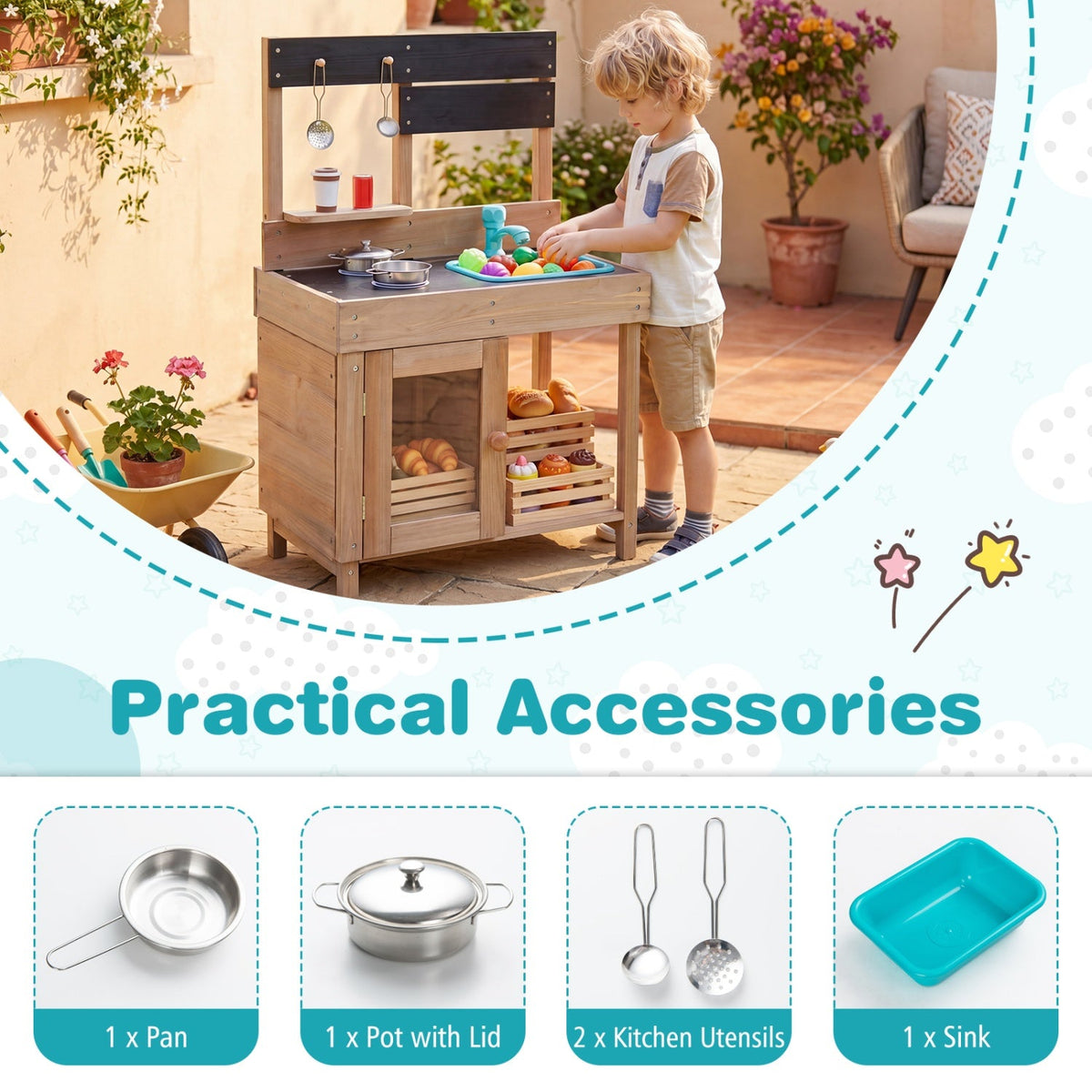Wooden Play Kitchen with Stove, Storage & Water System