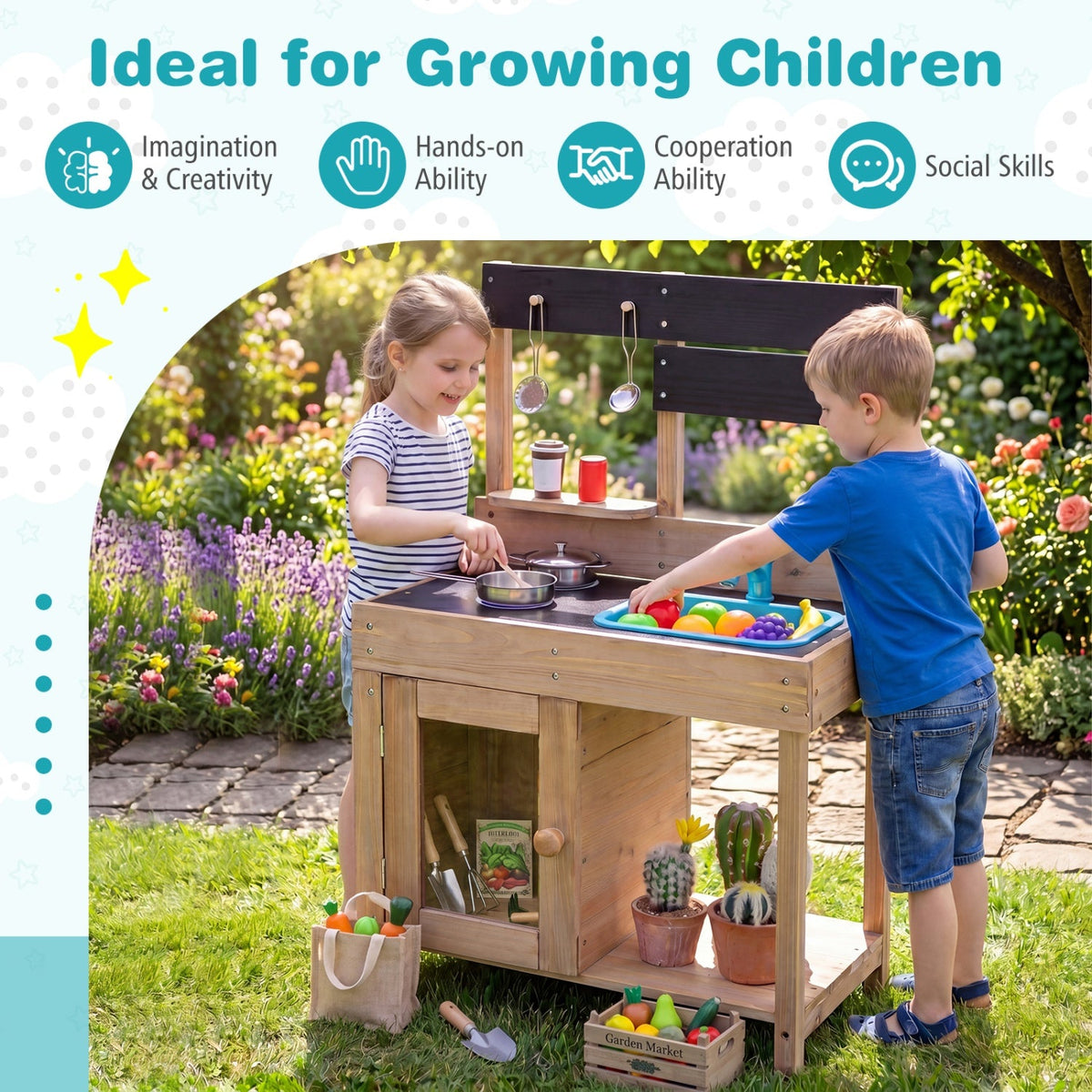 Wooden Play Kitchen with Stove, Storage & Water System