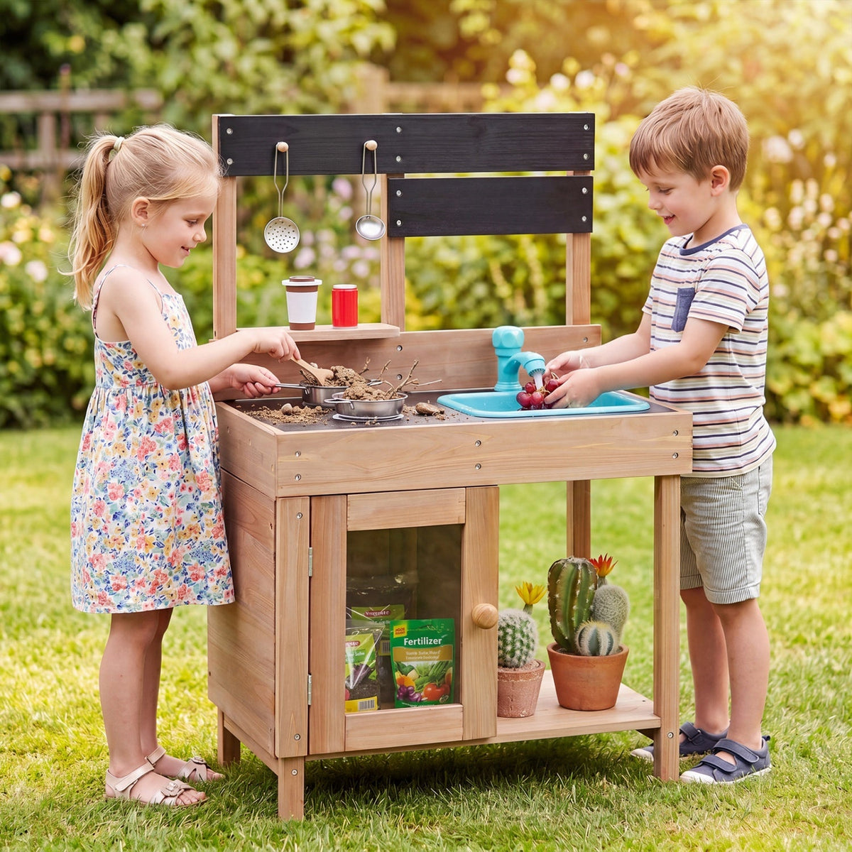 Wooden Play Kitchen with Stove, Storage & Water System