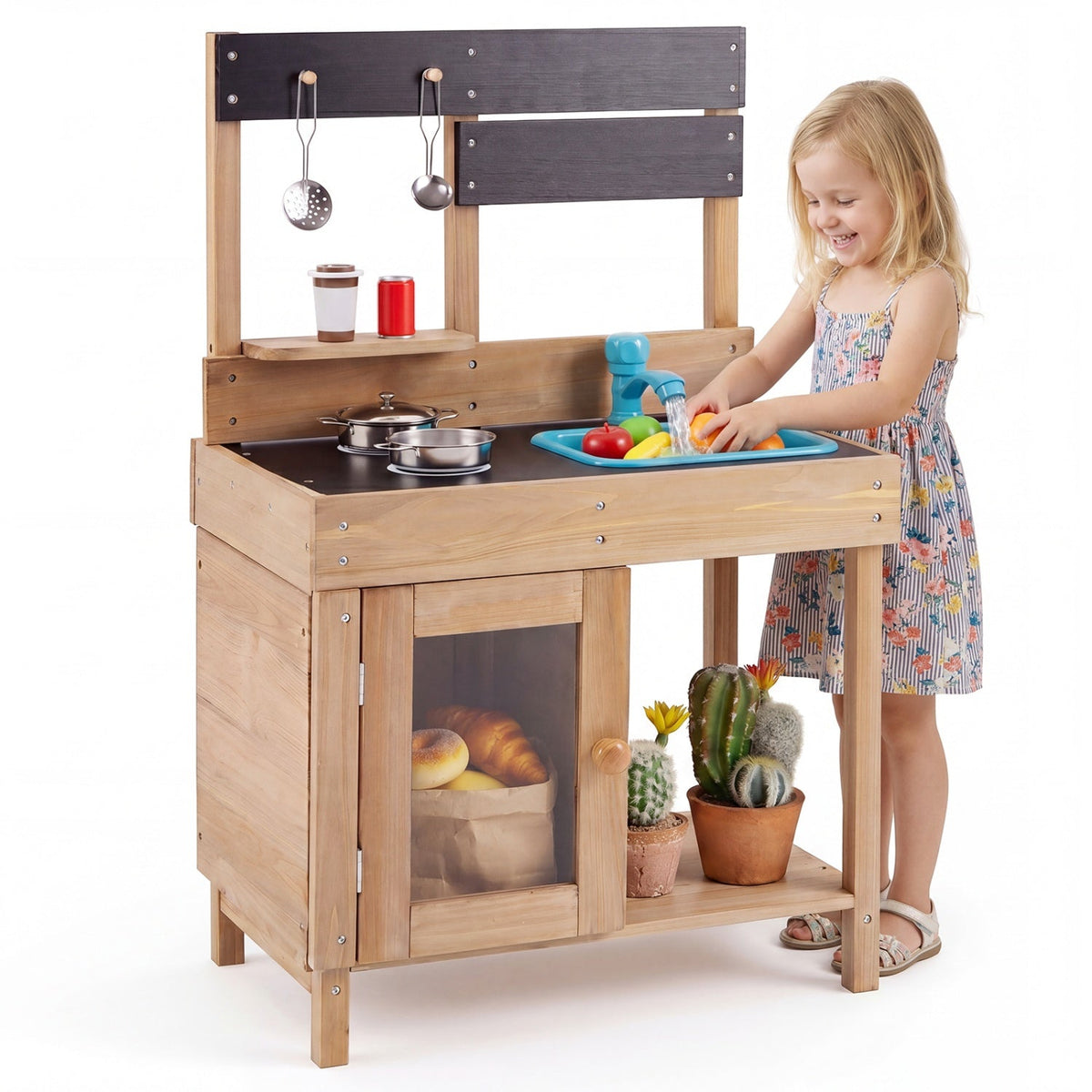 Wooden Play Kitchen with Stove, Storage & Water System
