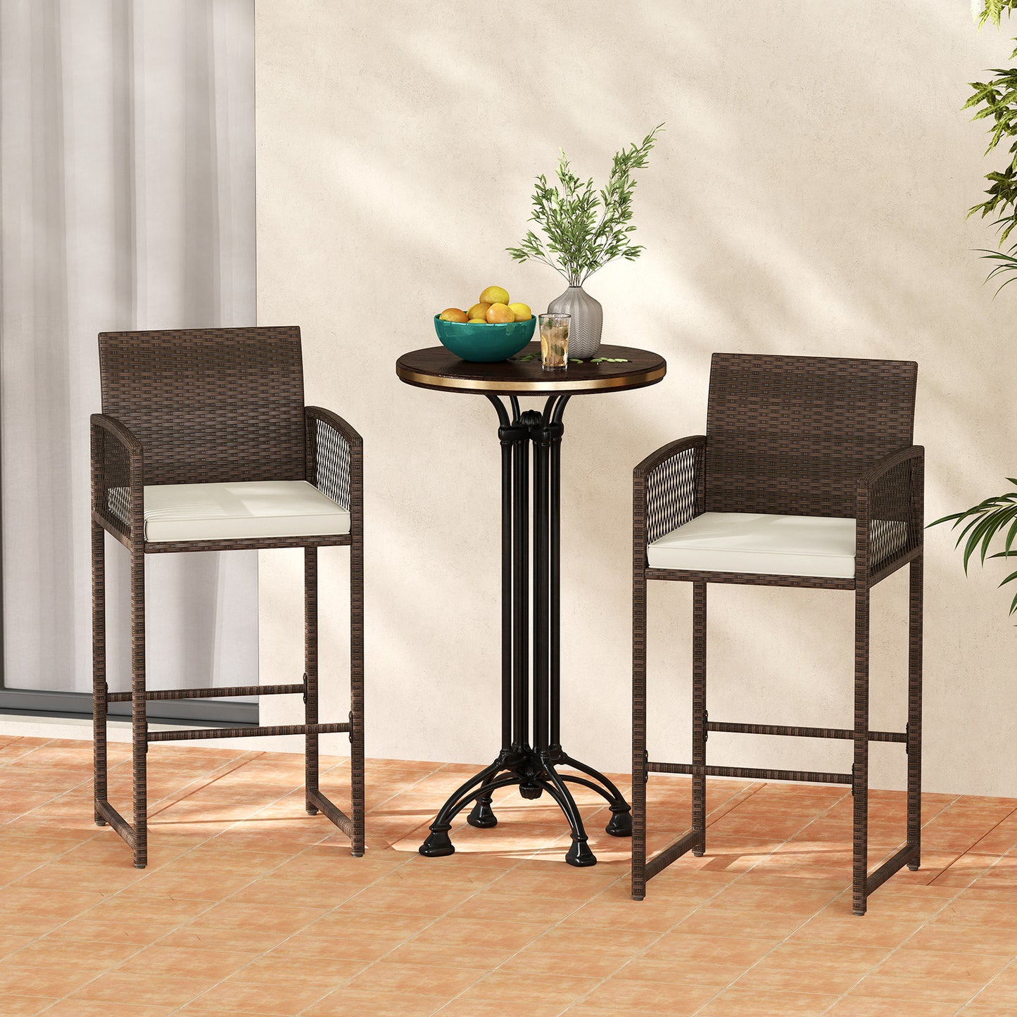 Outdoor Wicker Bar Stools Set of 2 with Cushions