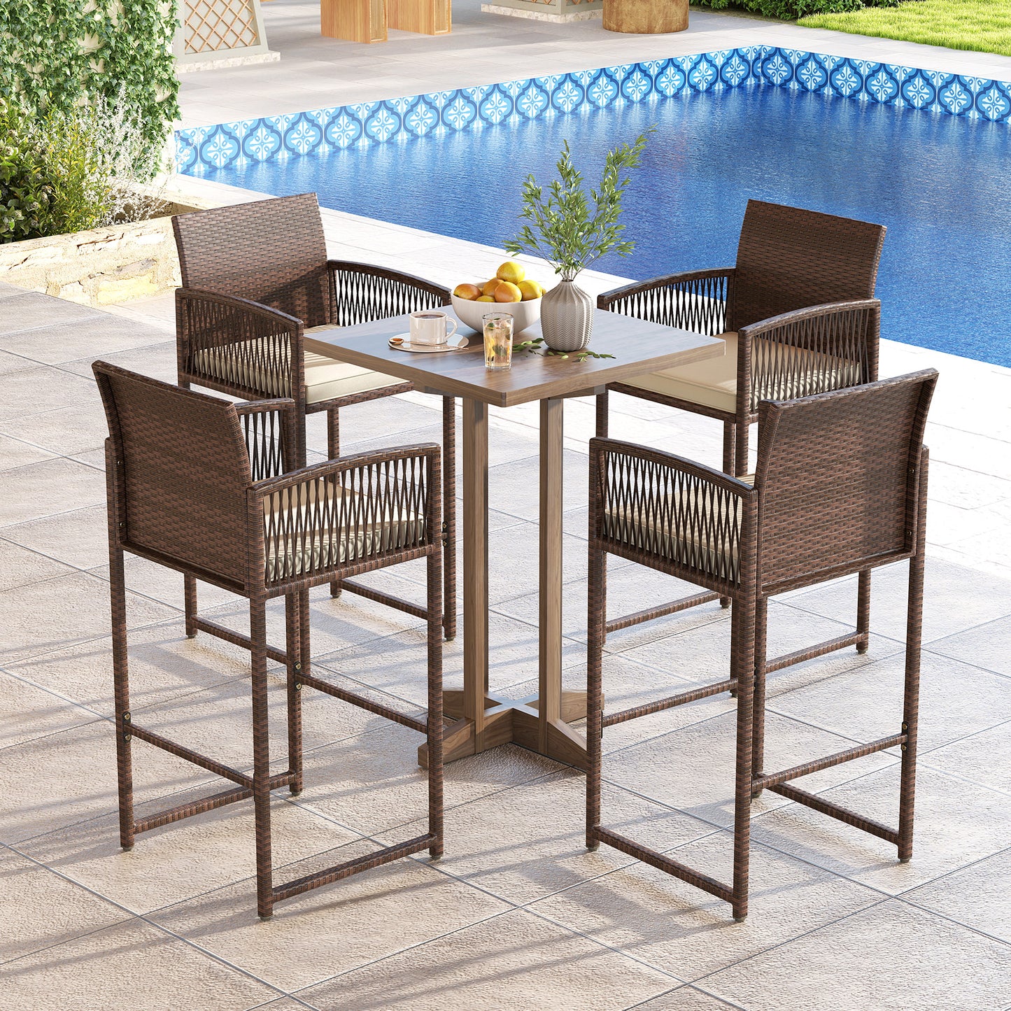 Outdoor Wicker Bar Stools Set of 2 with Cushions