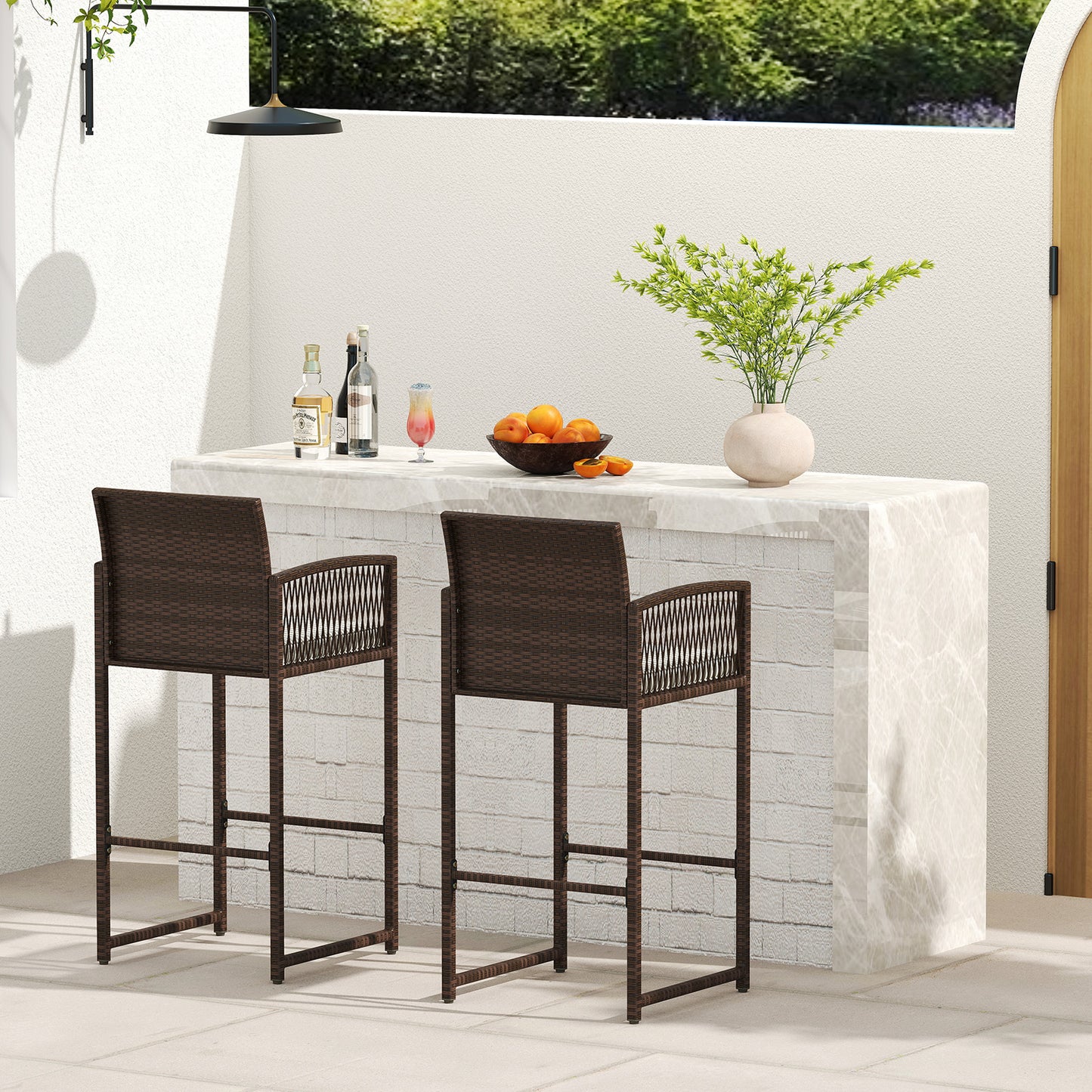 Outdoor Wicker Bar Stools Set of 2 with Cushions