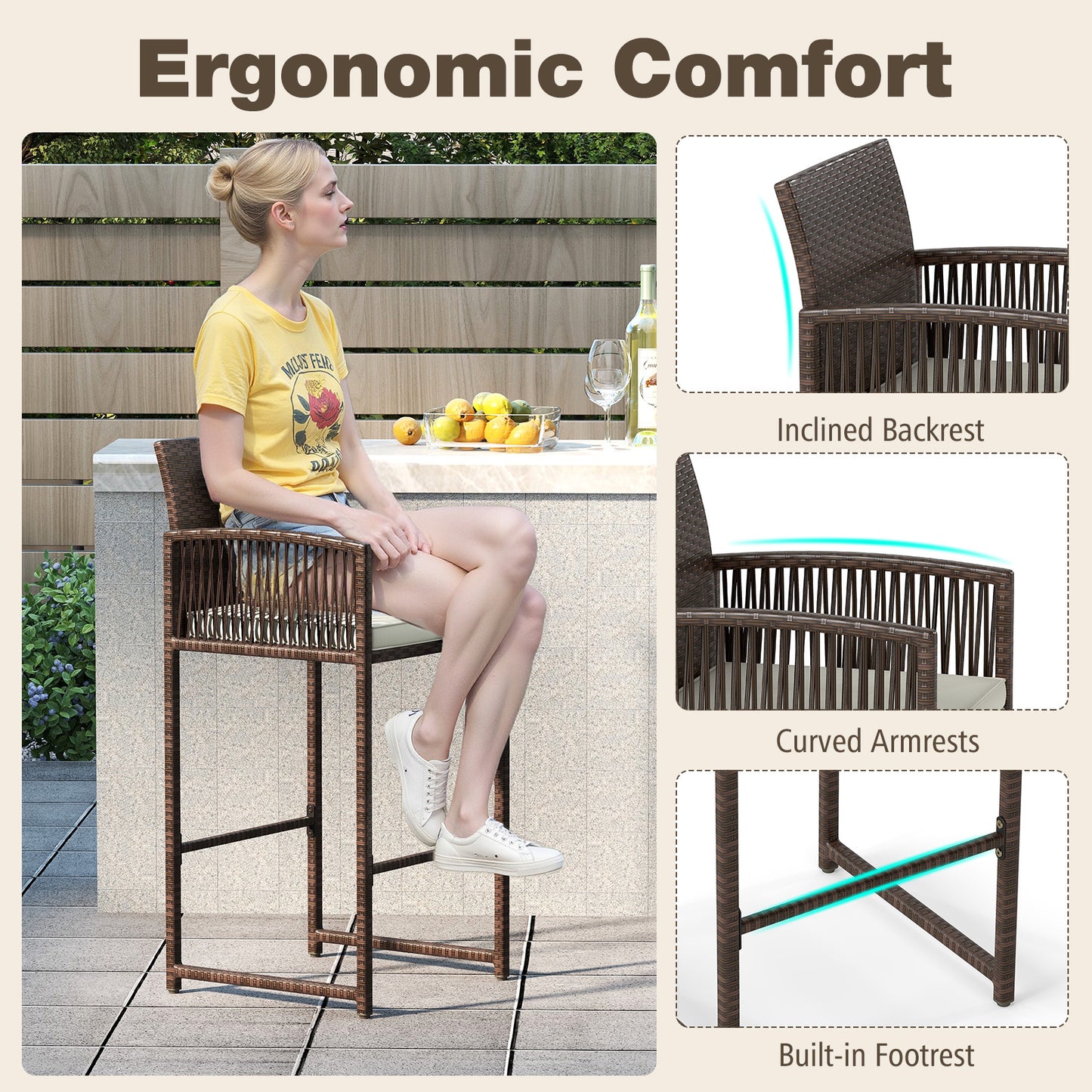 Outdoor Wicker Bar Stools Set of 2 with Cushions