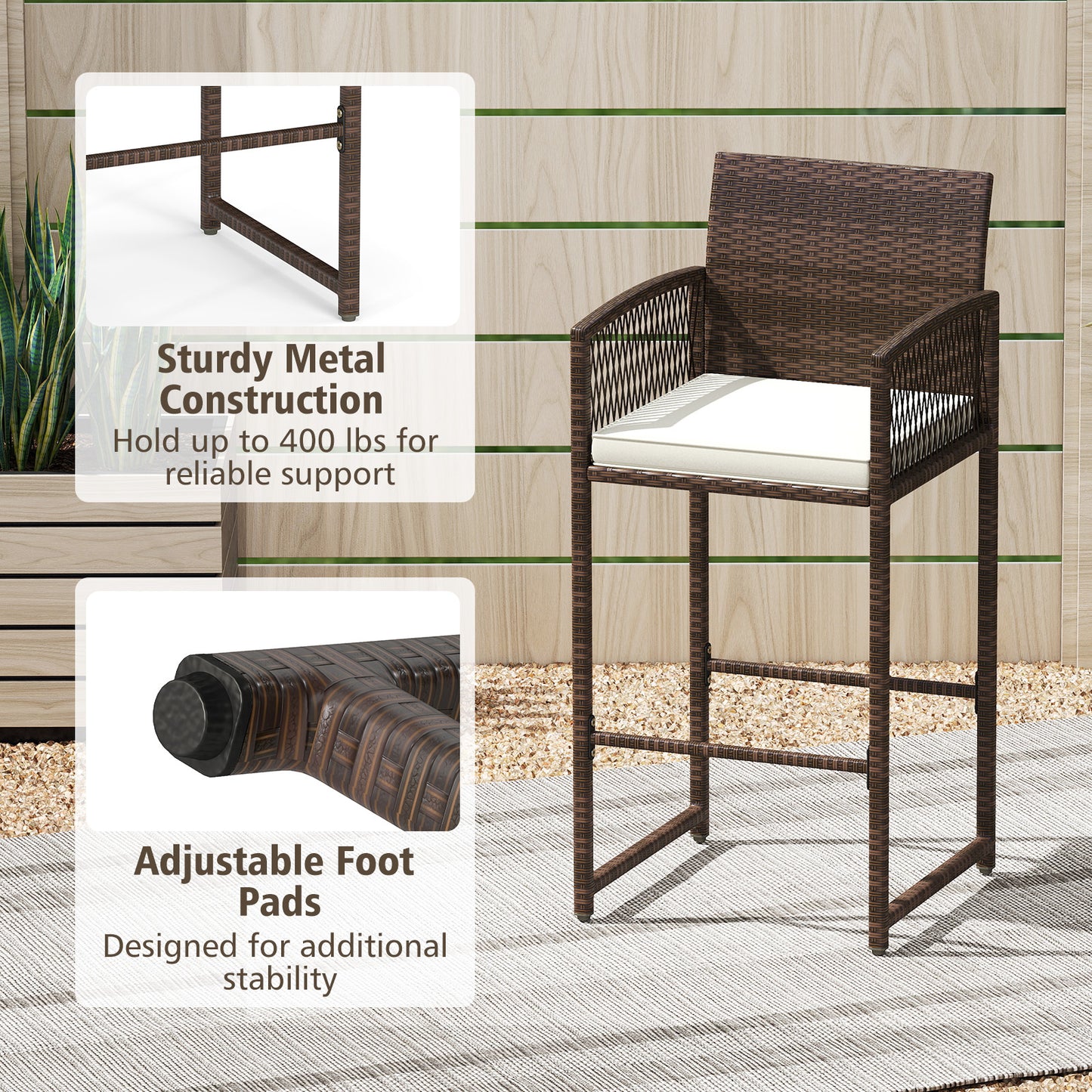 Outdoor Wicker Bar Stools Set of 2 with Cushions