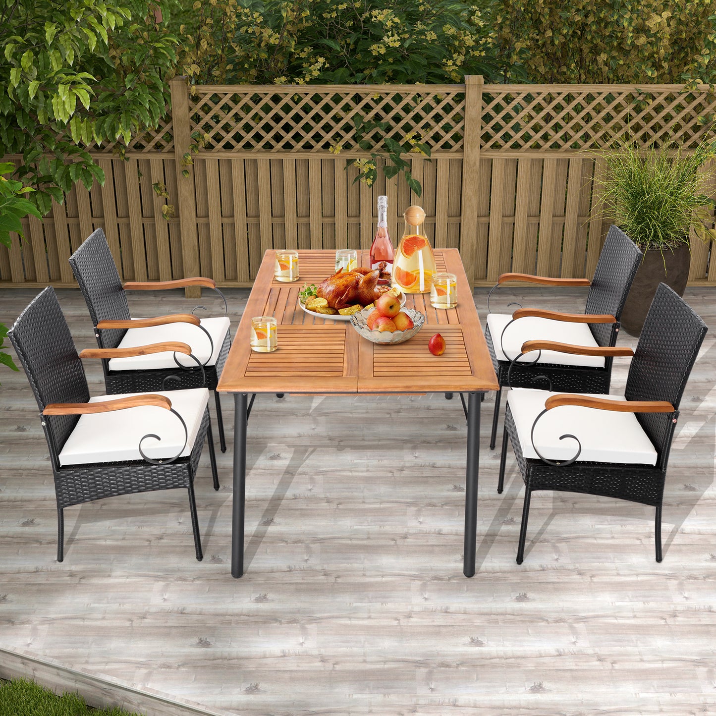 Outdoor PE Wicker Dining Chairs with Acacia Wood Armrests