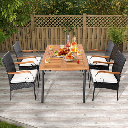 Outdoor PE Wicker Dining Chairs with Acacia Wood Armrests