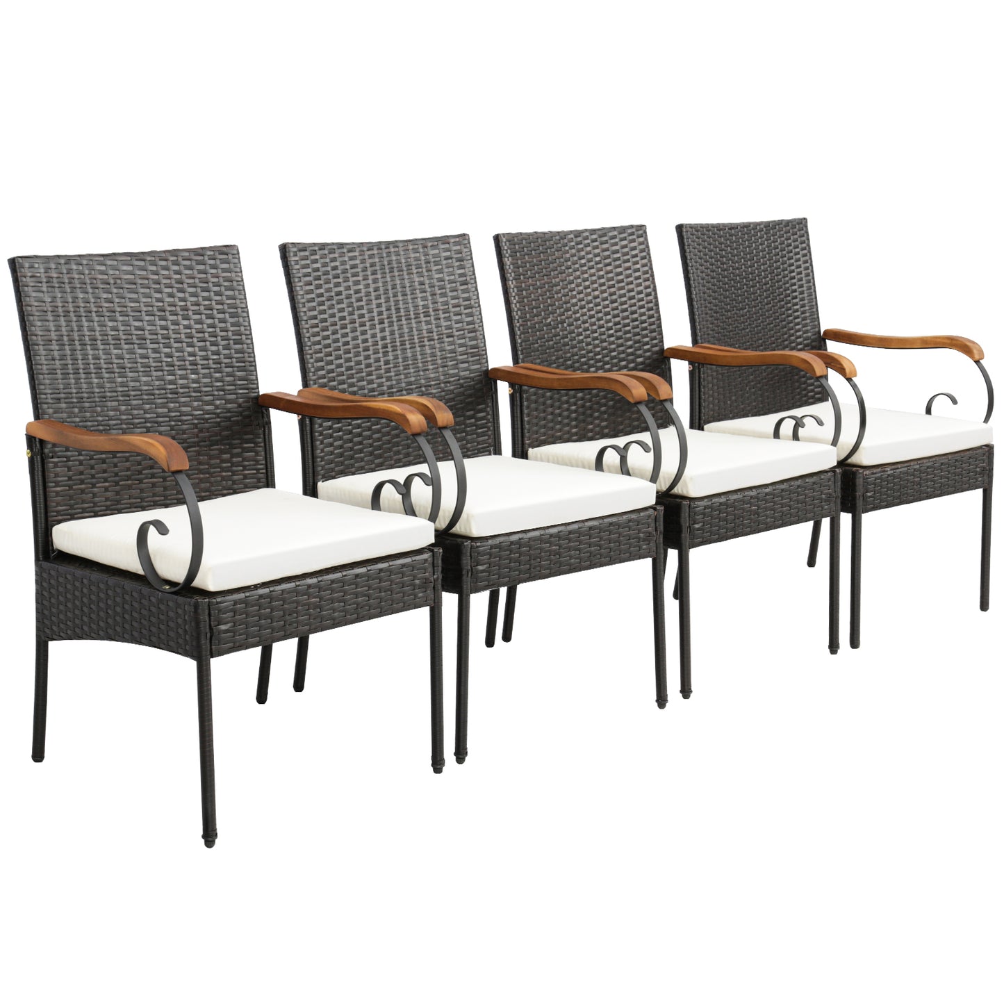Outdoor PE Wicker Dining Chairs with Acacia Wood Armrests