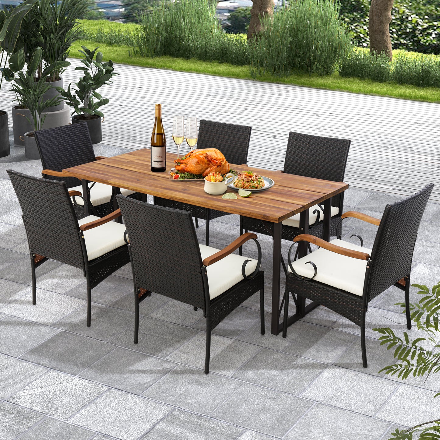 Outdoor PE Wicker Dining Chairs with Acacia Wood Armrests
