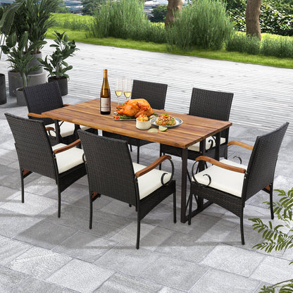 Outdoor PE Wicker Dining Chairs with Acacia Wood Armrests