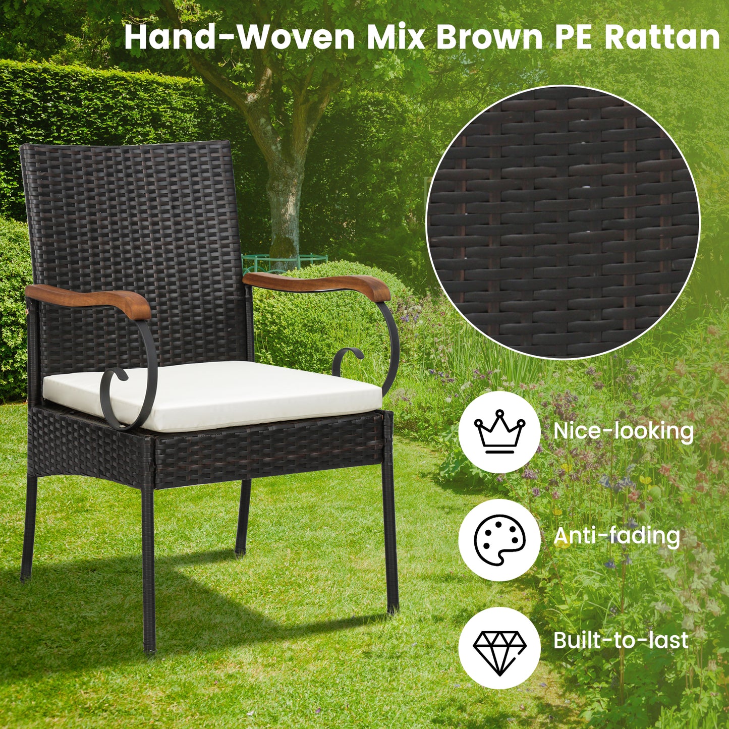 Outdoor PE Wicker Dining Chairs with Acacia Wood Armrests