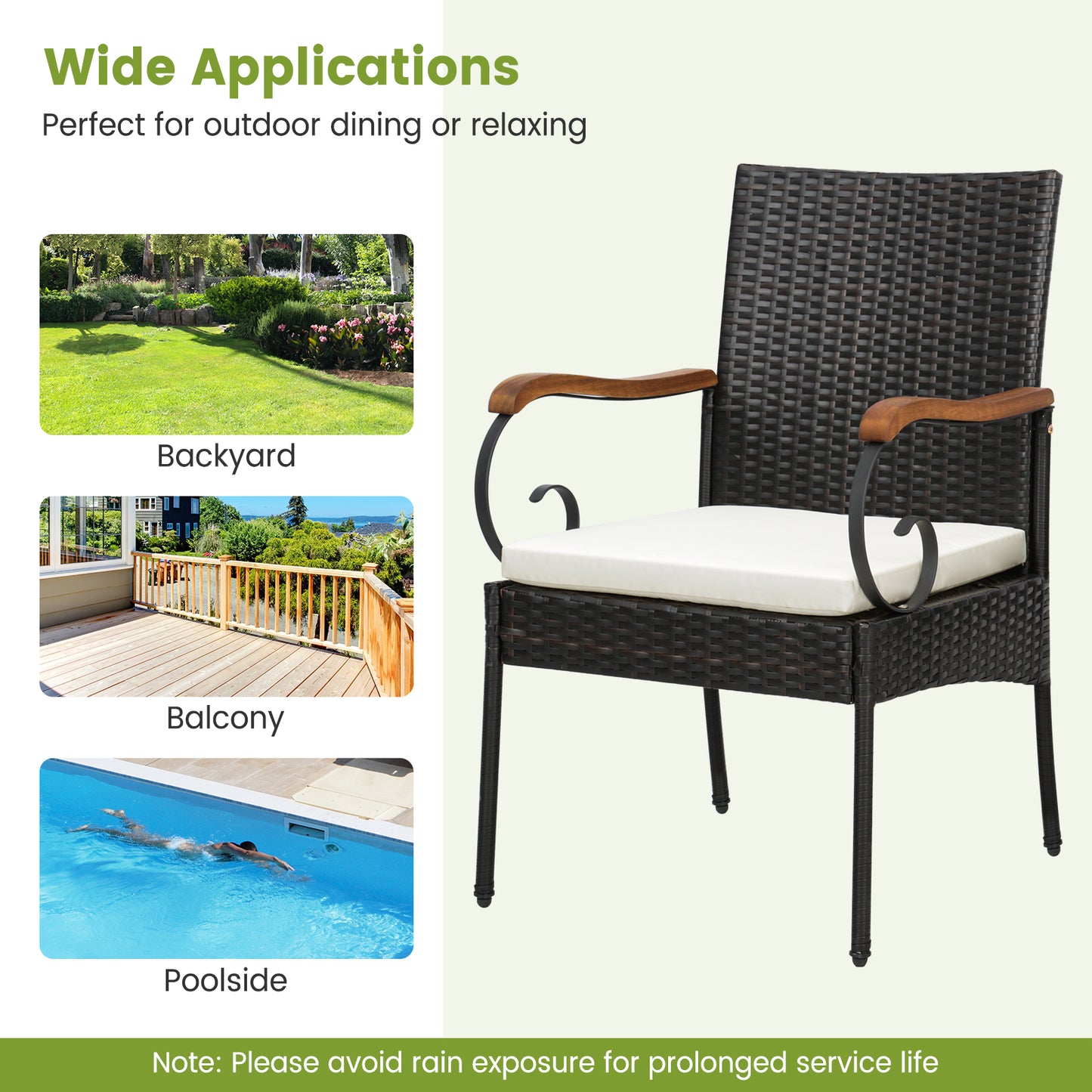Outdoor PE Wicker Dining Chairs with Acacia Wood Armrests
