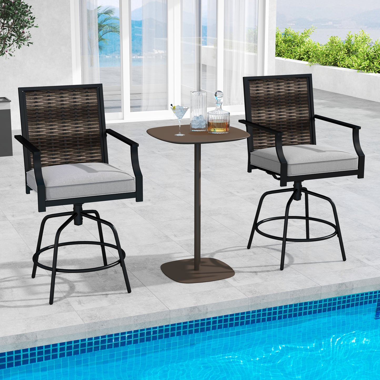 Swivel Bar Stools Set of 2 with Cushions - Outdoor Wicker