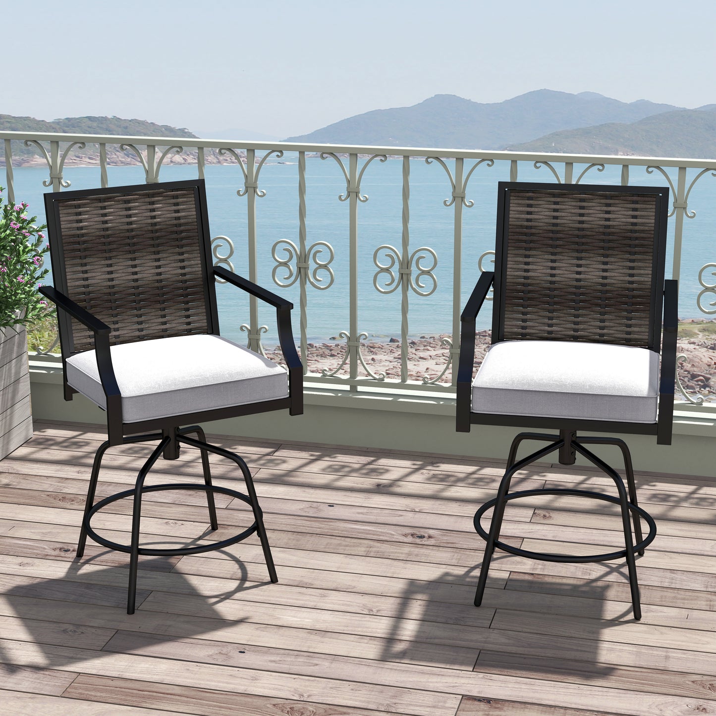 Swivel Bar Stools Set of 2 with Cushions - Outdoor Wicker