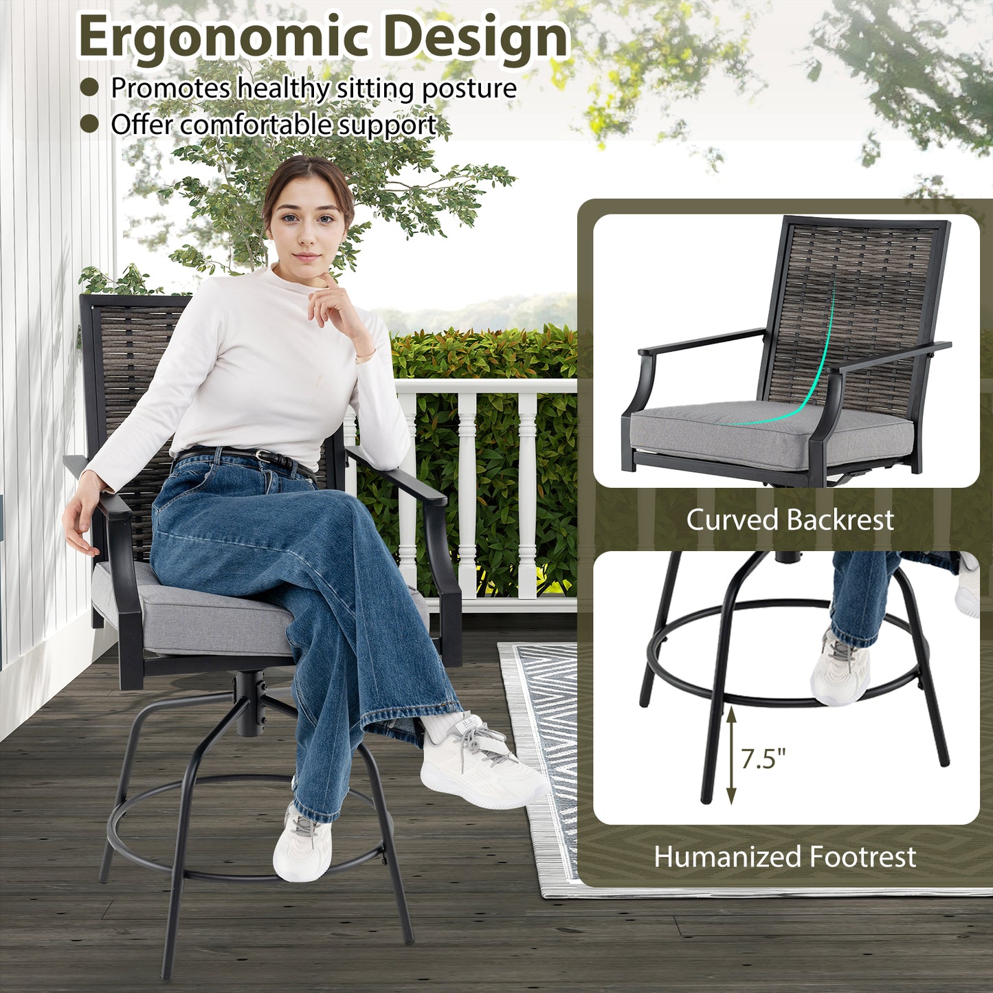 Swivel Bar Stools Set of 2 with Cushions - Outdoor Wicker