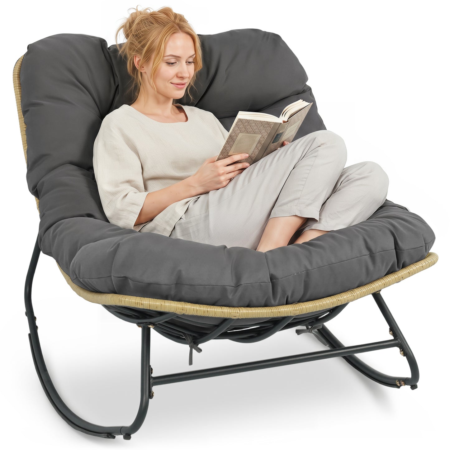 Papasan Rocking Chair with Thick Cushion for Patio - Gray