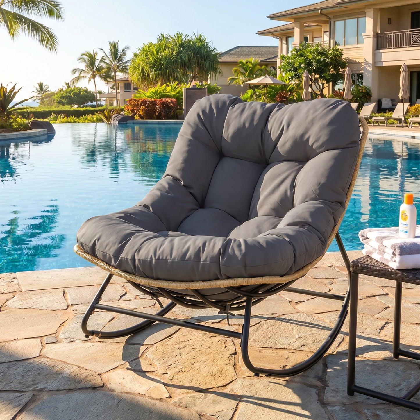 Papasan Rocking Chair with Thick Cushion for Patio - Gray