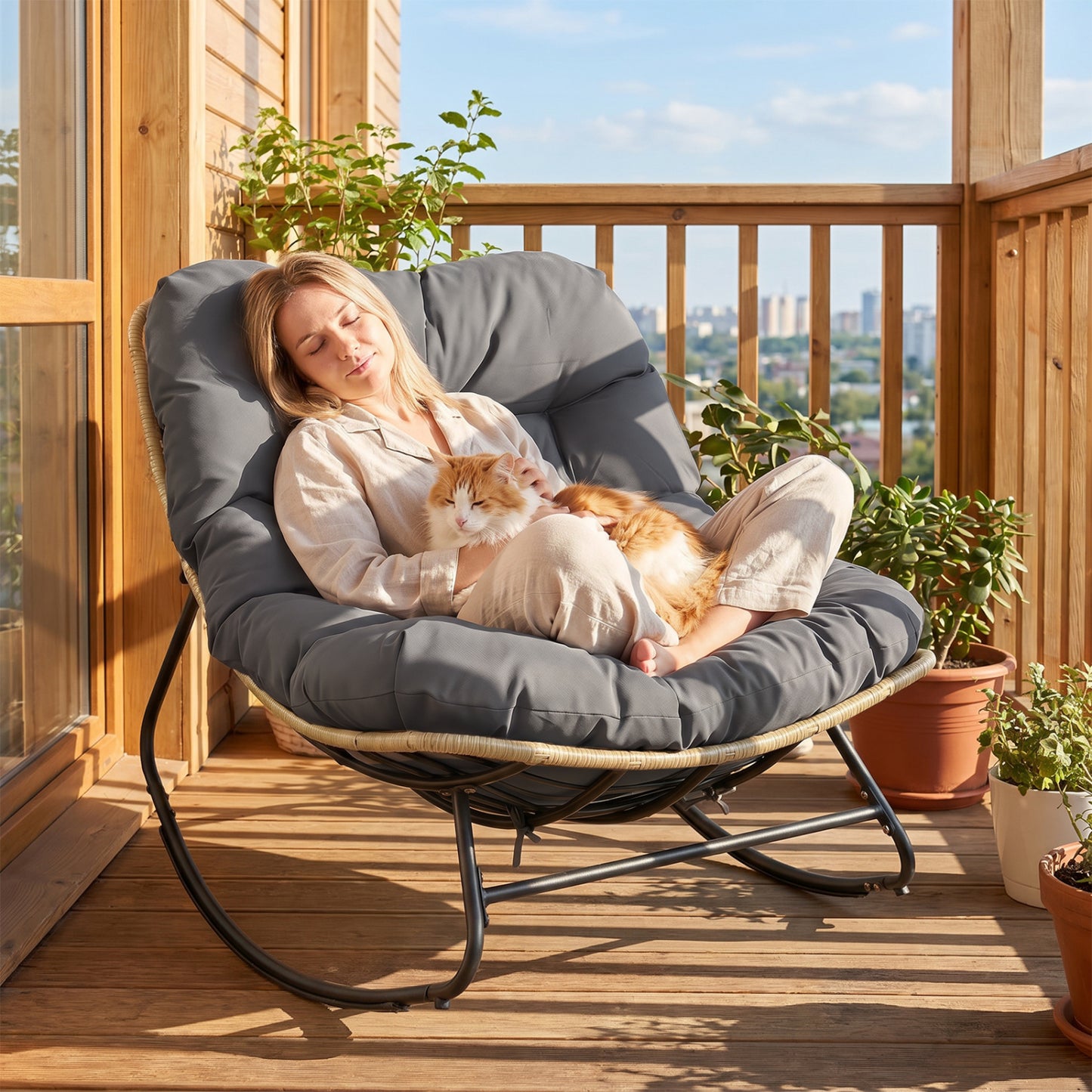 Papasan Rocking Chair with Thick Cushion for Patio - Gray